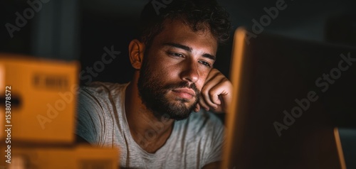Entrepreneur burning the midnight oil under warm light, surrounded by shipping boxes, embodying hard work and resilience after a crisis.