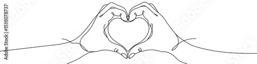 Black hands making a heart shape in one line art style. Hands drawing with editable stroke on white background. Vector illustration.