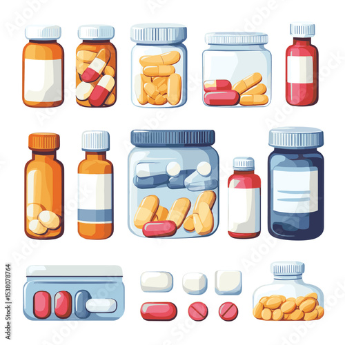 Pharmaceutical drugs and medicine tablets in bottle, vector illustration in flat style, vector style simple color