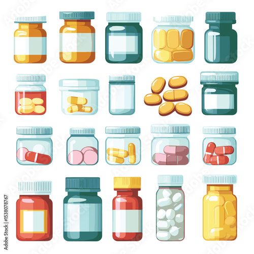 Pharmaceutical drugs and medicine tablets in bottle, vector illustration in flat style, vector style simple color