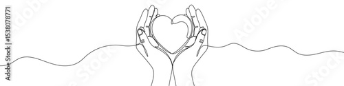 Black hands holding a heart in one line art style. Hands holding heart drawing with editable stroke on white background. Vector illustration.