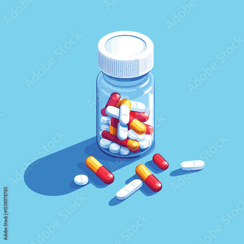 isometric medical pill tablet container plastic bottle drug capsules pharmaceutical care treatment 3d flat illustration pharmacy medication, vector style simple color