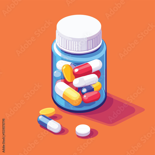 isometric medical pill tablet container plastic bottle drug capsules pharmaceutical care treatment 3d flat illustration pharmacy medication, vector style simple color