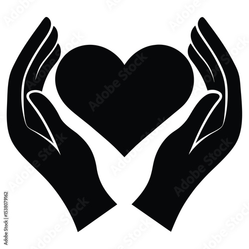 Black heart shape icon held gently by two hands symbolising care compassion and love on white background