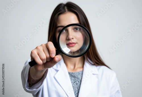 Young Woman Doctor Holding Magnifying Glass Close up Medical Research Concept