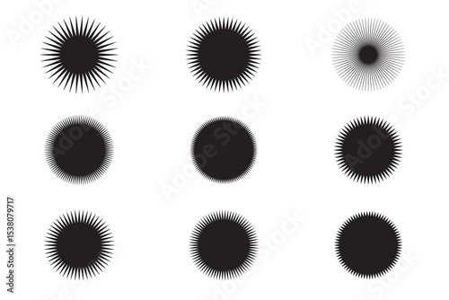 Circle sticker set. Starburst speech bubbles. Wavy edge promo black badges. Starburst shape tags for price. Blank sale stickers