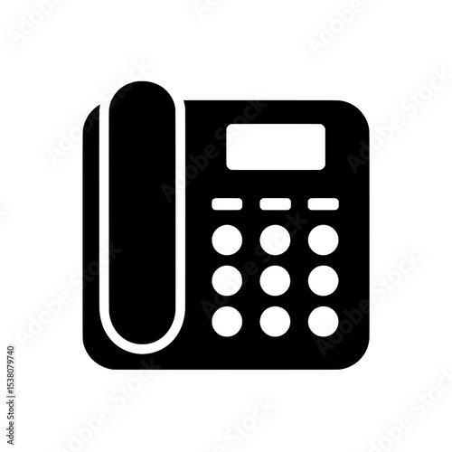 Black vector icon of a desk landline telephone with keypad and receiver, representing office communication and customer service tools.