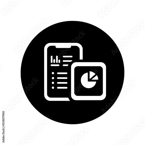 Circular icon with data chart and document, representing data analytics, statistics, and business reporting.