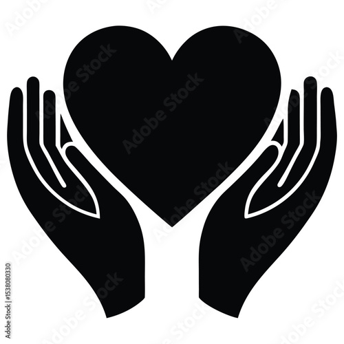 Hands cradling a solid black heart representing care love support empathy and compassion simple design