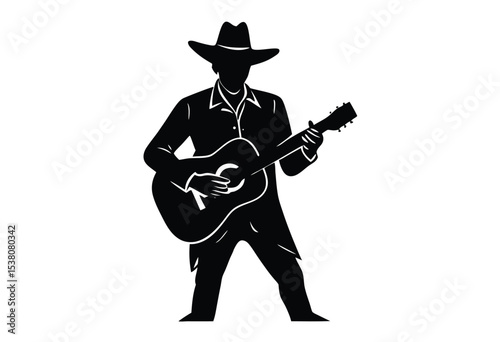 Cowboy playing guitar silhouette vector icon simple flat design ideal for western and country themes