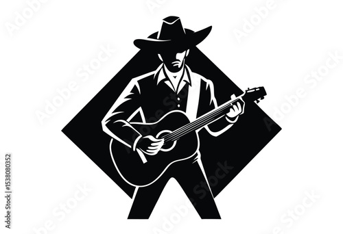 Cowboy playing guitar silhouette vector icon simple flat design ideal for western and country themes