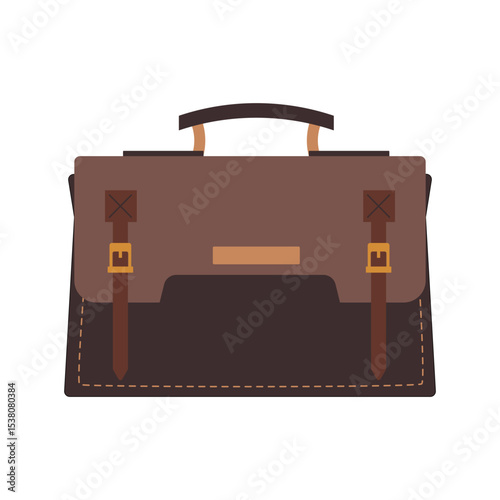 Brown leather briefcase. Carrying documents, work tools. For office, business, and travel themes.