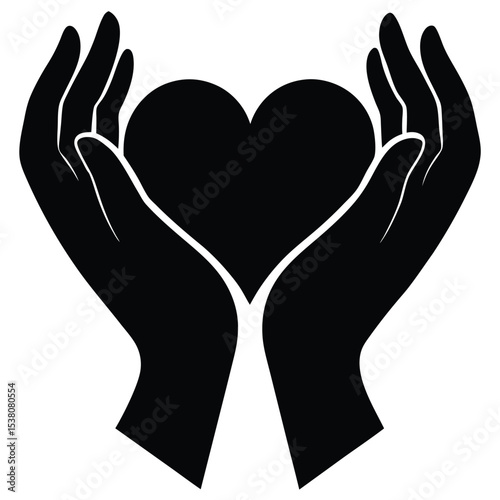 Silhouette of a heart held tenderly in two hands symbolizing care compassion and love on white background