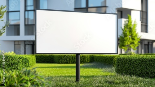 Wallpaper Mural A blank white rectangular billboard stands on a black pole amidst neatly trimmed green hedges and grass in front of modern residential buildings. Torontodigital.ca