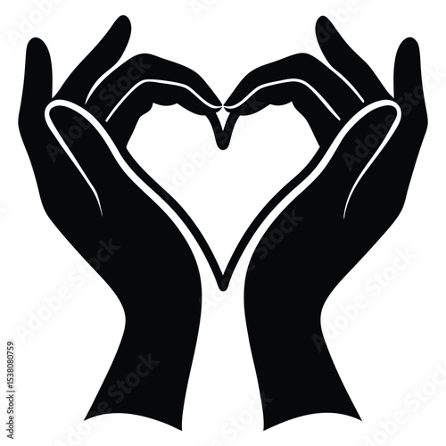 Silhouette of two hands forming a heart symbol expressing love and support in monochrome style