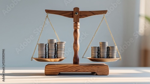 Balancing Stacks of Coins on Wooden Scale Representing Financial Stability, Wealth Management, and Economic Balance in Personal or Corporate Finance Concepts

