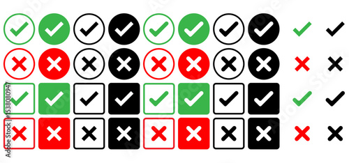 Check box tick mark icon in red and black cross mark in red and black set button correct right wrong buttons or yes or no checkmark red cross green tick vector illustration, PNG transparent background