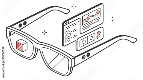 Augmented reality glasses displaying data visualizations and a virtual cube in the lens interface view