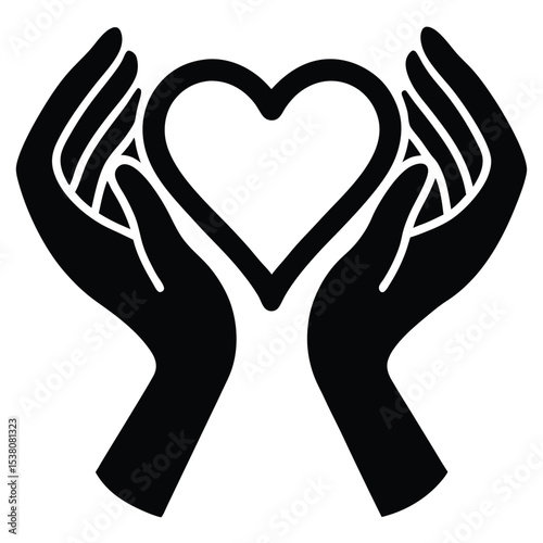 Symbol of hands holding a heart representing charity, love, care, support, and compassion on a white background