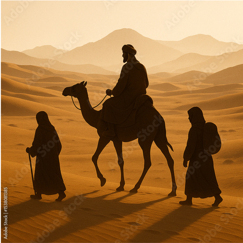 silhouette of a man and camel in the desert