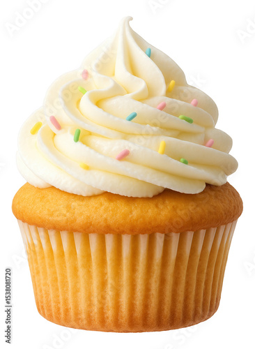 Vanilla cupcake topped with swirls of frosting and colorful sprinkles on transparent background.