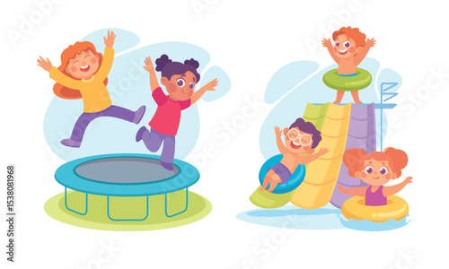 Children joyfully playing on a trampoline and slide in a colorful and vibrant playground setting
