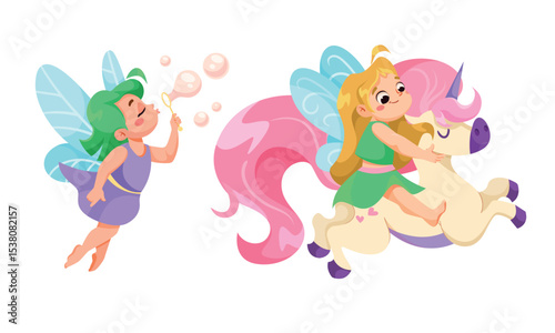 Fairy Tales Enchanted Fairies Accompanied by a Magical Unicorn in a Vibrant Wonderland