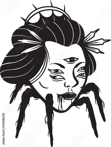 hand drawn japanese ghost or oni horror, creepy mask