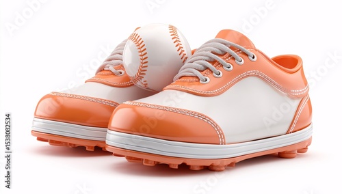 Baseball cleats with a ball, rendered in 3D, with a plastic design on a white background.