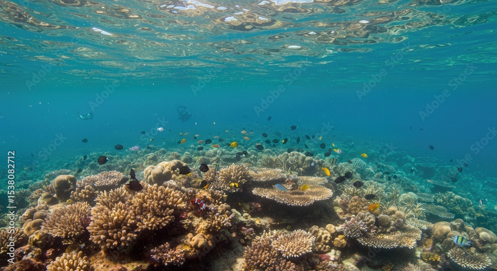 Fototapeta premium Underwater Coral Reef Ecosystem with Colorful Fish and Sunlight Rays