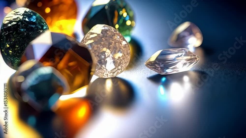 Group of multifaceted gems in amber, azure, and champagne hues, reflecting soft light with elegant brilliance on polished surface, creating a luminous backdrop.