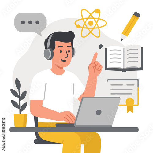 Flat modern vector illustration of a young woman with headphones learning online at home using a laptop, surrounded by icons like chat bubbles, play button, wireless signal, and certification badge