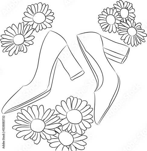a pair of high heel shoes next to daisy flowers on a white isolated background
