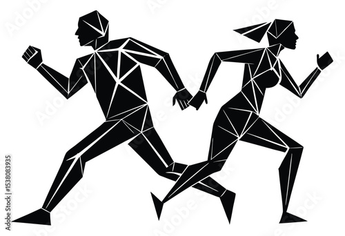 Polygonal geometric running man and woman silhouette vector design modern abstract sports figure
