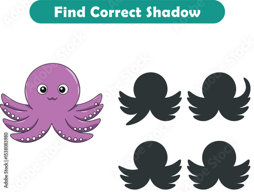 Funny cartoon squid. find the correct shadow. Kids Education games. Cartoon vector illustration