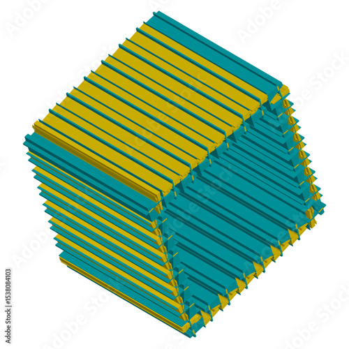 Isometric cube structure. Striped geometric form. Vector dimensional shape. Linear pattern design.