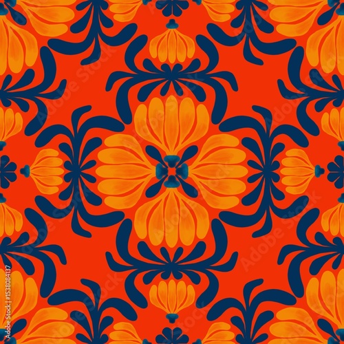 seamless floral pattern,created by drawing curves together to form blue leaves and orange flowers with red stamens,banana combs and orange background in geometric patterns as fabric and tile patterns.