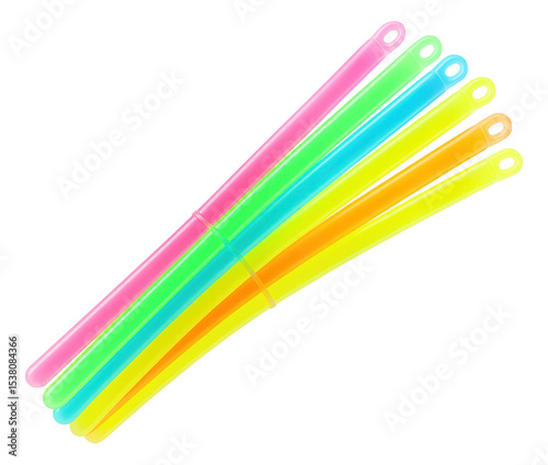 Set of colorful silicone reusable drinking straws bundled together on transparent background.