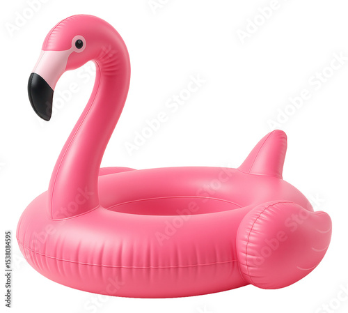 Pink inflatable flamingo pool float designed for summer fun and relaxation on transparent background.