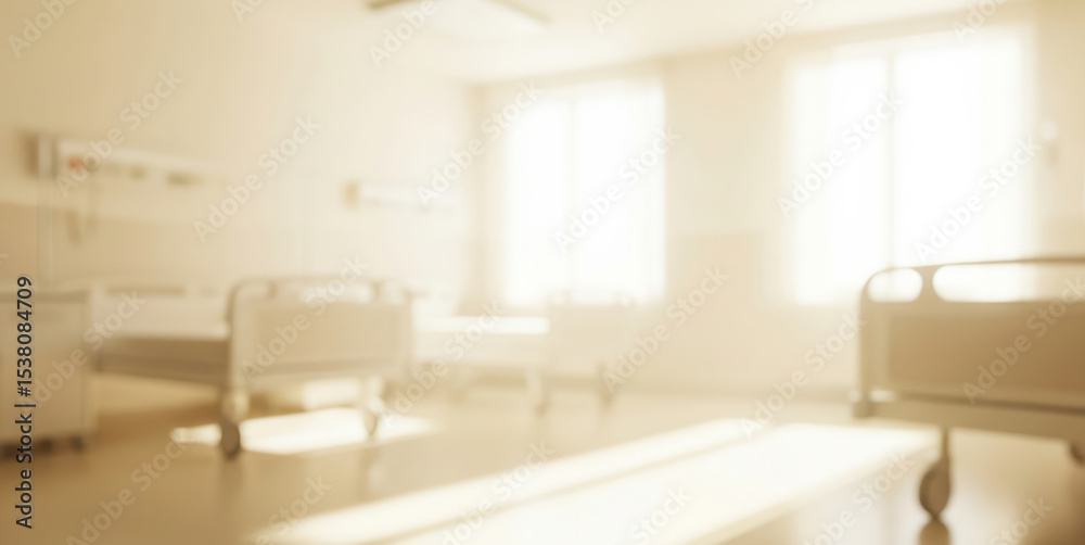 Fototapeta premium Empty hospital room with beds and sunlight streaming through windows in a bright setting.