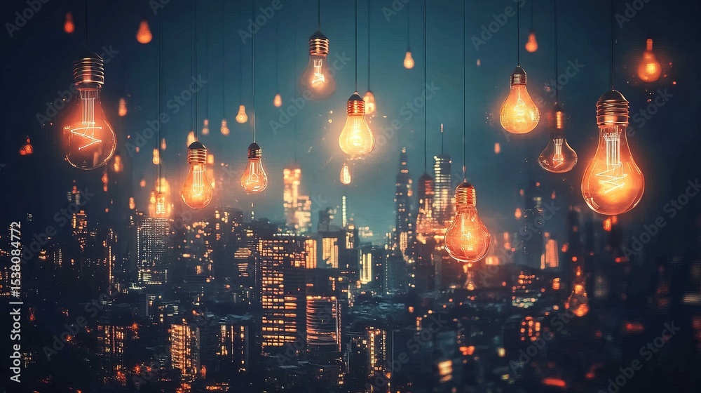 Fototapeta premium 16:9 A futuristic city skyline filled with glowing idea symbols in the sky