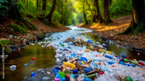 Contaminated stream in forest filled with plastic waste, bottles and trash polluting the water and the environment reflecting light.