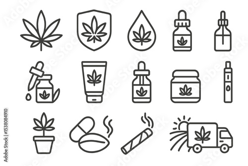 Various cannabis related icons illustrating products, tools, and representations of hemp in minimalistic design