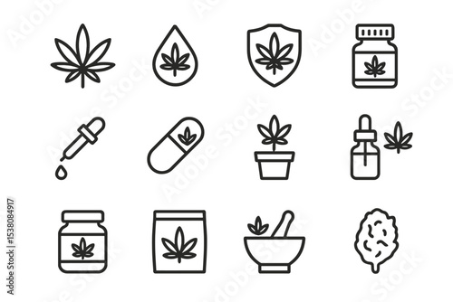 Line art icons representing various cannabis products and related themes in a clean and minimalistic style
