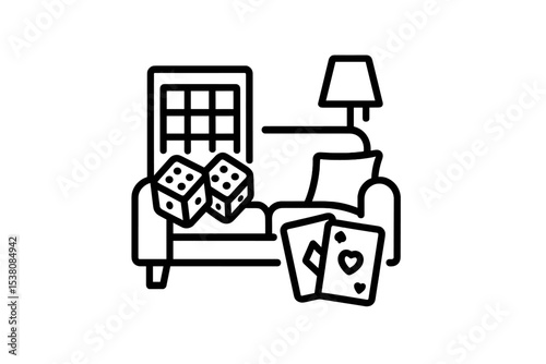 Cozy interior setting featuring a sofa, dice, and playing cards in a relaxed living space ideal for game nights