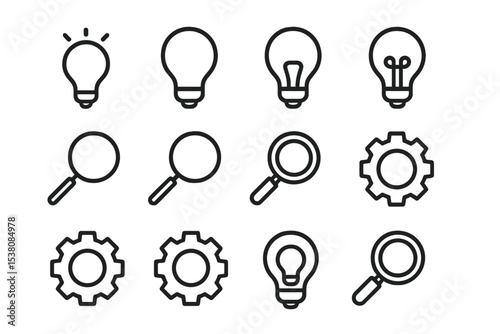Various simple line icons representing light bulbs, magnifying glasses, and gears designed for creative projects in a minimal style