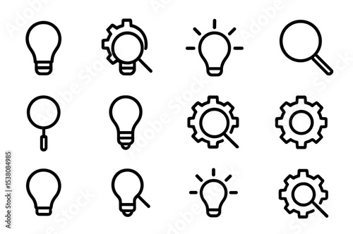 Collection of line art icons featuring light bulbs, gears, and magnifying glasses in a clean design for creative projects