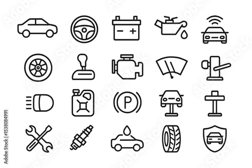 Car maintenance icons illustrating various vehicle components and tools in a grid format, designed for automotive enthusiasts and professionals