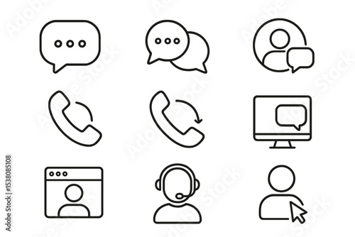 Collection of communication icons depicting chat, phone, and video call interactions in a modern, minimalist design
