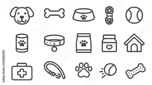 Collection of simple dog icons in black and white, showcasing various pet-related items and accessories